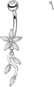 [Melighting] 14G Flower Belly Button Ring Stainless Steel 316L Dangle Belly Piercing Belly Ring Clear CZ Belly Piercing Jewelry 10 mm Navel Ring for Women, 14G10mm, Stainless Steel, cubic zirconia