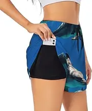 [WURTON] Funny Animal Dolphin Print Exercise Gym Workout Shorts Women's Athletic Shorts Dual-Layered Yoga Running Shorts