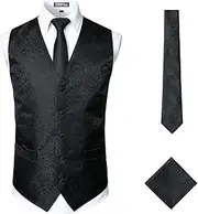 [ZEROYAA] Mens Classic 3pc Jacquard Paisley Vest Set Suit Tuxedo Necktie,Pocket Square