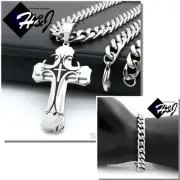 24"Stainless Steel 9mm Silver Cuban Chain Bracelet Black Plated Cross Pendant*H
