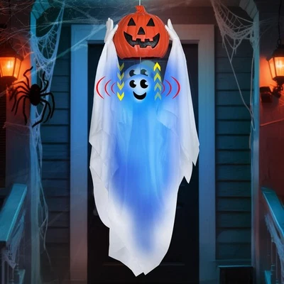 Sound Activated 43” Halloween Animatronics Hanging Ghost Holding Pumpkin Hide...