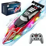 RC Boat with Dazzling LED Lights & US Flag,2.4Ghz Remote Control Racing Boats for Kids 8-12,Toy Water Boat for Pools and Lakes with Waterproof for Boys Girls RED