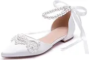 [Hyinlays] Women's Pointed Toe Wedding Flats for Bride Comfort Bow Flats Closed Toe Satin Pearl Flats Pumps