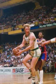 Boston Celtics' center Larry Bird looks1980's Basketball photo