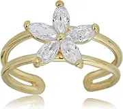 [AVORA] 10K Yellow Gold Adjustable Two Row and Flower Toe Ring with Simulated Diamond CZ, Yellow Gold, Cubic Zirconia