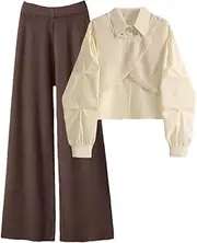 [Generic] Womens Korean Casual Fake 2 Piece Patchwork Shirts +Knitted Wide Leg Pants Sets