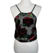 Exploded Floral Velvet & Chiffon Backless Sleep Crop Top Sz Small Black Red