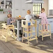 Montessori Learning Tower for Toddlers | 3-in-1 Adjustable Height Wooden Kitchen Helper (1.5-10 Years) | Step Stool, High Chair & Safety Tower with Non-Slip Design | Certified Kids Standing Seat