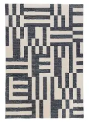 Emmen Black and Cream Geometric Lines Washable Rug