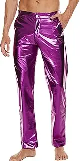 [WISHU] Metallic Shiny Disco Pants for Men, 70s/80s Party Rave Pants, Vintage Cosplay Straight Leg Trousers