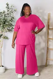 Excellence one Double Take Full Size Round Neck Slit Top and Pants Set