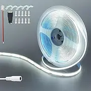 Clearhill 12V COB 480LED Strip Lights,16.4FT/5M（No Power Supply）,Cool White 6500K,480LEDs/M,with 5521DC Female and red+Black Wire Connectors,8mm Width,IP20,for DIY Home Indoor Decoration