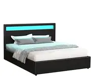 ALFORDSON LED Bed Frame Queen Size with Gas Lift Storage Base, Mattress Topper Platform Foudation with RGB Headboard PU Leather Uphostery, Max 320kg, Lahela Black