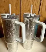 Set Of 2 ME Silver Glitter Stainless Steel 45 oz Tumblers~Handle,Straw ,Hot,Cold