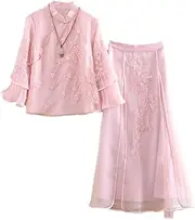 [Mkjuuior] Women's 2-Piece Embroidered Organza Phoenix Loose Shirt Top + Retro A-Line Skirt Set