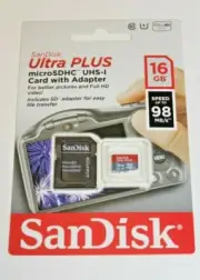 New in Package SanDisk Ultra Plus 16GB MicroSDHC UHS-I Memory Card with Adapter