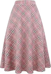 [Ylingjun] Long Plaid Wool Skirt for Womens Winter Fall Warm High Elastic Waist A line Flared Pleated Wool Tartan Skirts