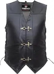 RIDERACT Mens Leather Motorcycle Vest Black with Antique Clasps Closure Real Cowhide Motorbike Vest Riding Waistcoat with Adjustable Side Laces