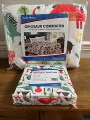 TRULY HOME DINOSAUR BED SHEETS & PILLOW CASE & COMFORTER TWIN SIZE POLYESTER NEW