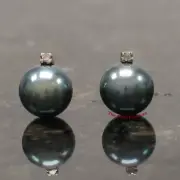 14k Yellow Solid Gold Sparkling Diamond; Black Cultured Pearl Stud Earrings TPJ