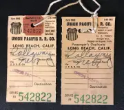 vintage 1953 Union Pacific Railroad Baggage Tags (pair) - Long Beach, California
