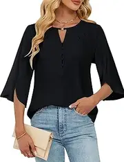 [Blooming Jelly] Womens Dressy Casual Blouses Keyhole Business Work Tops 3/4 Ruffle Sleeve Pleated Summer Shirts 2025