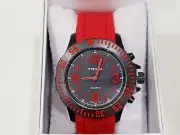 Unisex Japanese quartz mvmt black dial watch with red silicone strap