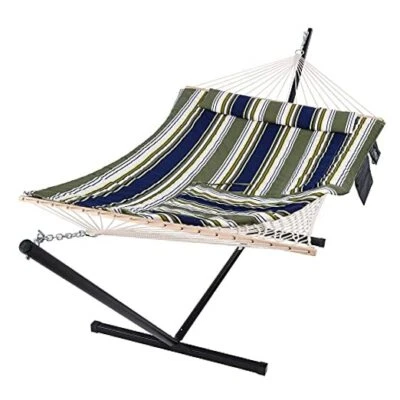 Hammocks Double Outdoor Hammock with Stand, Cotton Rope Two Person Blue& Gray