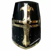 18 Gauge,Medieval Crusader Templar Knight Helmet with Black Finish Brass Design