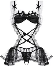 [Generic] Women Sexy Maid Lingerie Set Dress Lace Up Fancy Lingerie Outfits Mini Skirt Babydoll Sleepwear Uniform