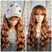 28"Red Wig Long Red Auburn Wig with Bangs Wavy Autumn Wig Ombre Curly Wig Bangs