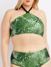 Charlotte Russe Plus Size Leaf Print Halter Bikini Top 2X & Mesh-Trim Bottom 1X