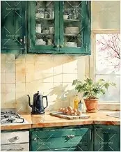 TAOPAOLAB Kitchen Paint by Numbers Kit for Adults - DIY Vintage Kitchen with Green Cabinets and Eggs Painting on Canvas 16x20 Inches, Acrylic Paint Set for Beginners, Art for Home Decoration or Gifts