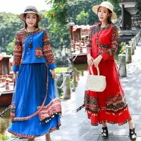 在飛比找樂天市場購物網優惠-實拍秋季民族風棉麻印花長袖上衣+棉麻流蘇裙子兩件套女