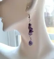 Handmade Purple Amethyst Stone Dangle Earrings Irregular Nugget Chip Steel Hook