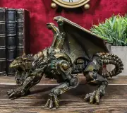 Crouching Steampunk Robotic Dragon Statue 10"L Mechanical Cyborg Dragon Beast