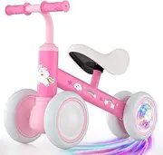 Lilian&Gema Colorful Lighting Baby Balance Bike for 1 Year Old Boys Girls, 12-24 Months Toddler Balance Bike, No Pedal 4 Wheels Toddler Bike with Soft Seat, Toddler First Bike, 1st Birthday Gifts