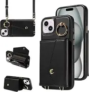 S. Tedazo Crossbody Wallet Case for iPhone 15 Plus (6.7 inch with Lanyard Strap, 366°Rotating Ring Kickstand & Card Slot Holder RFID Blocking, PU Leather Magnetic Flip Purse Cover (Black)