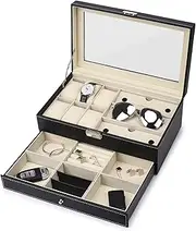 [xmdianss] Watch Box for Men,6 Slot Watch Case, 3 Slot Sunglass Organizer, Watch Cases for men with Real Glass Lid, Men & Women Jewelry Display Drawer Case, Lockable Watch Display Case,2 Layers