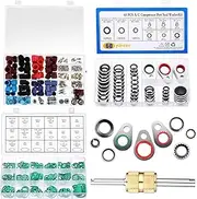 Threlaco 4 Set Car A/C Valve Core, O-Ring Kit, Compressor Gasket Seals and Dust Cap, Valve Core R134a Kit A/C O Ring Cap Kit Compressor Port Seal Washer Valve Core Remover for A/C Refrigeration System