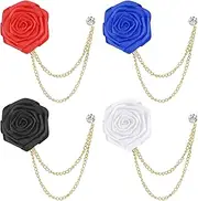 [FdcLixuvol] 4PCS Men's Brooch Suit Pin Badge with Chains Collar Chain Pins for Men Handmade Rose Flower Pins for Groom Wedding Prom Tassel Chain Brooch Pins for Women Suit Tuxedo Tie Hat Scarf, no gemstone