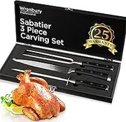 Wrenbury Pro Turkey Carving Knife and Fork Set - German Grade 3 Pce Meat Carving Knives Set - Sharpening Steel - Effortless Meat Slicing - Wooden Gift Box