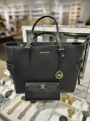 Michael Kors Gilly Lady Large Black Leather Handbag Purse Tote Bag + Flat Wallet