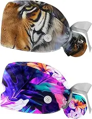 [YTYVAGT] 2-Pc,Nurse Scrub Caps,Scrub Hats with Buttons and Cotton Sweatband,Forest Animal Portrait Tiger