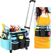 Homward Rolling Cleaning Organizer Bag, 40L Capacity Large Cleaning Tote Caddy Organizer with Handle, Trolley Cleaning Caddy with Wheels for Cleaning Supplies(Lit Blue)