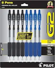 Pilot, G2 Premium Gel Roller Pens, Extra Fine Point 0.5 mm, Pack of 8, Black and Blue