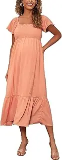 [SWEETBUMP] Maternity Maxi Dress Flutter Short Sleeve Square Neck Smocked Tiered Ruffle Flowy Boho Maternity Dress