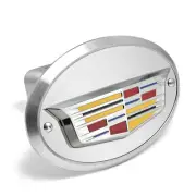Cadillac 3D Crest Logo on Brushed Oval Billet Aluminum 2 inch Tow Hitch Cover