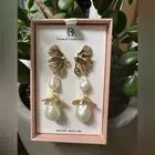 NEW House Of Harlow 1960 Gold Tone Leaf & Faux Pearl Dangle Drop Earrings