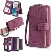 [Yidai-Silu] Galaxy A14 PU Leather Flip Case【Rotatable Card Holder，Detachable】 Magnetic Closure Zipper Case Shockproof Wristband Wallet Folio Cover for Samsung Galaxy A14 6,6" - Wine Red